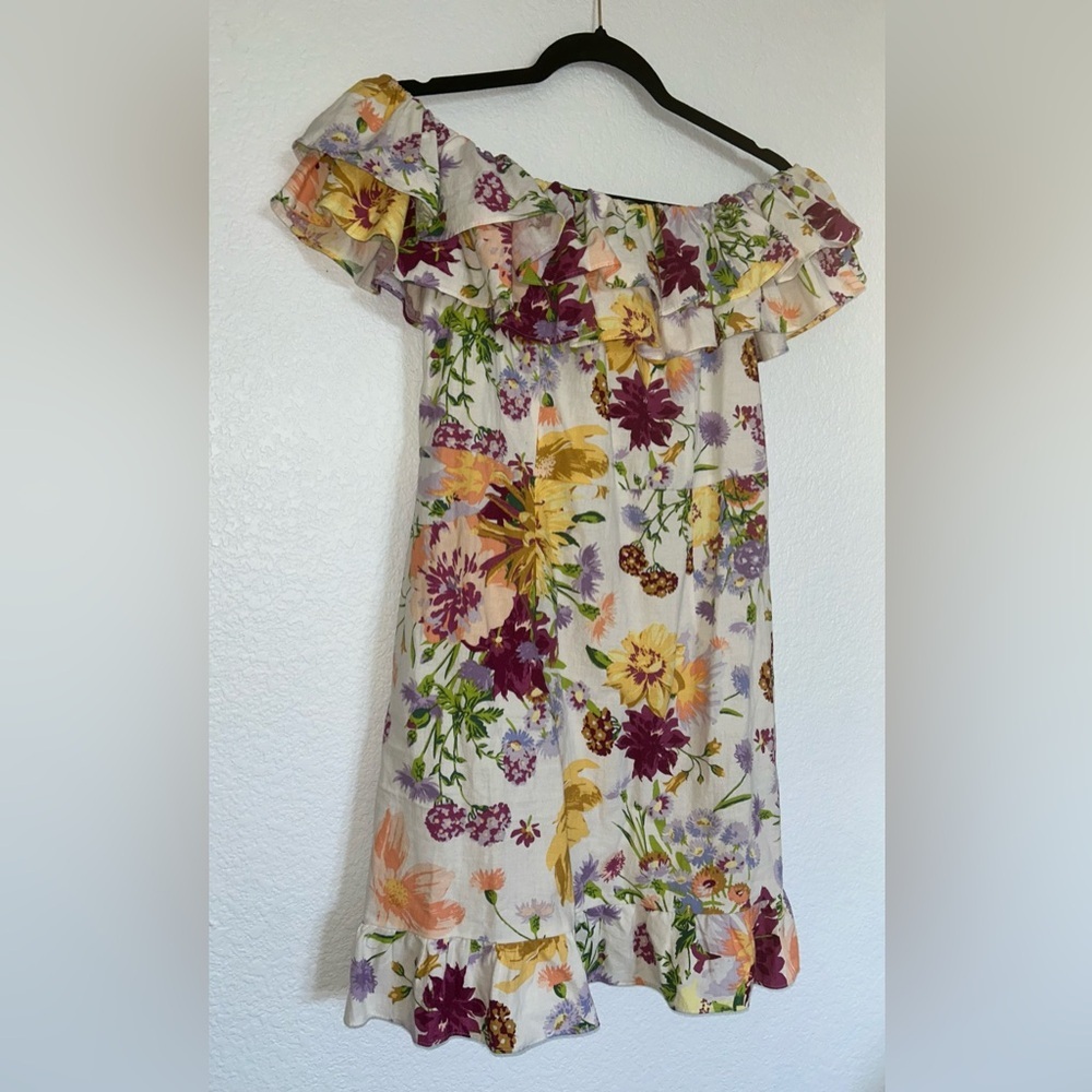H&M FLOUNCED Off the Shoulder Mini DRESS Stylish Floral Mini Dress with Ruffles - Picture 8 of 10